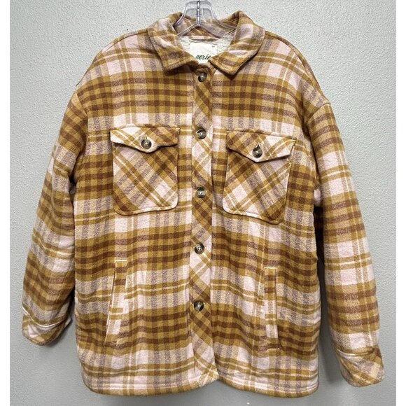 aerie Jackets & Blazers - Aerie Womens Shacket Shirt Jacket Small Yellow Pink Plaid Flannel Sherpa Lined